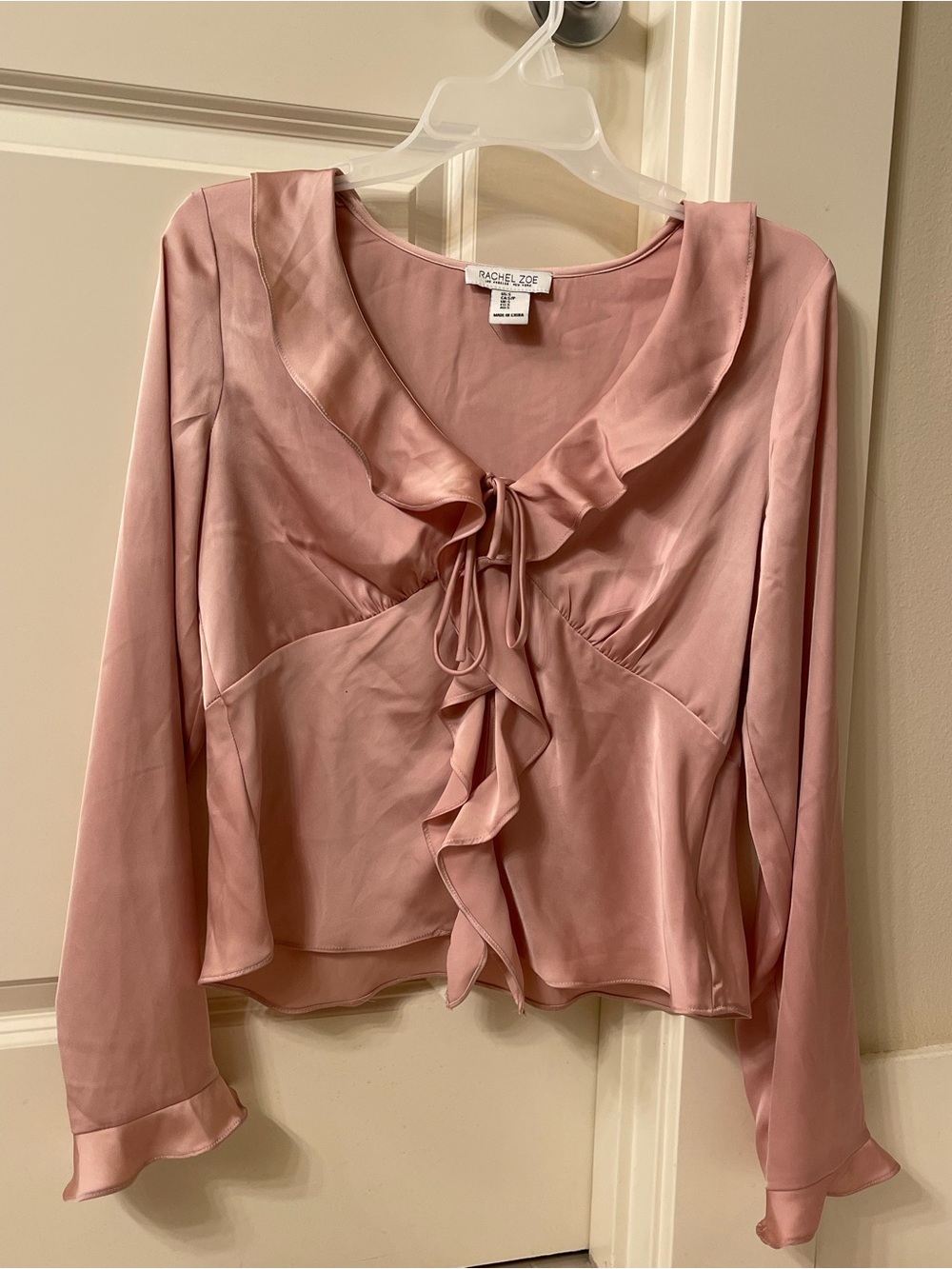 Rachel Zoe Women’s pink satin blouse w ruffled edges + front tie closure Small